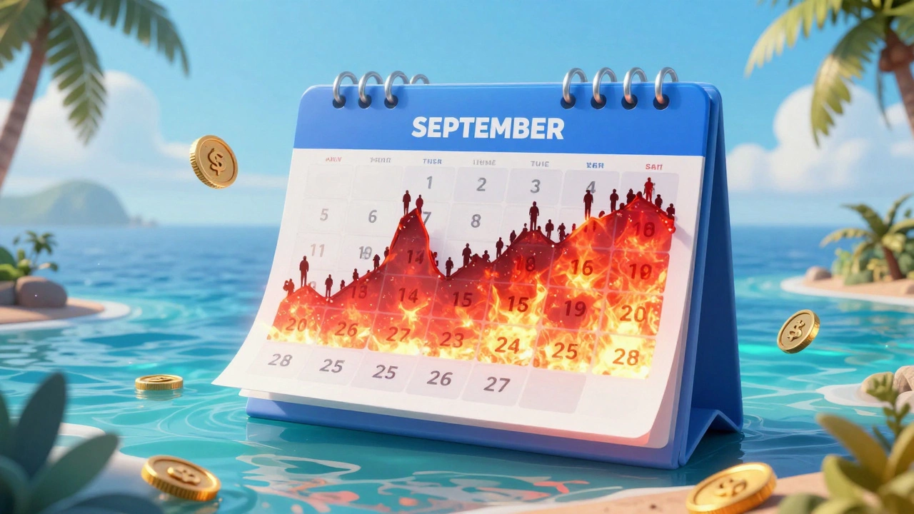 Stylized calendar over the ocean showing price peaks and low-cost months