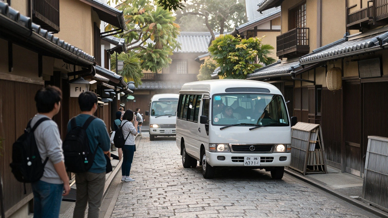 A small tour van driving through a narrow, historic alleyway in Kyoto.