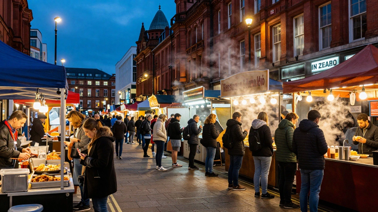 Bustling street food market scene in a UK city with historic architecture