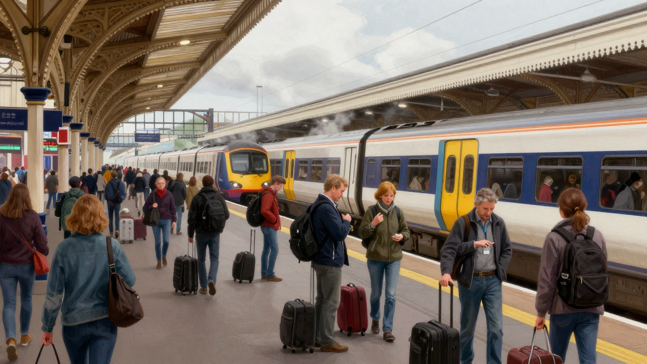 Busy train station crowd during a UK bank holiday weekend