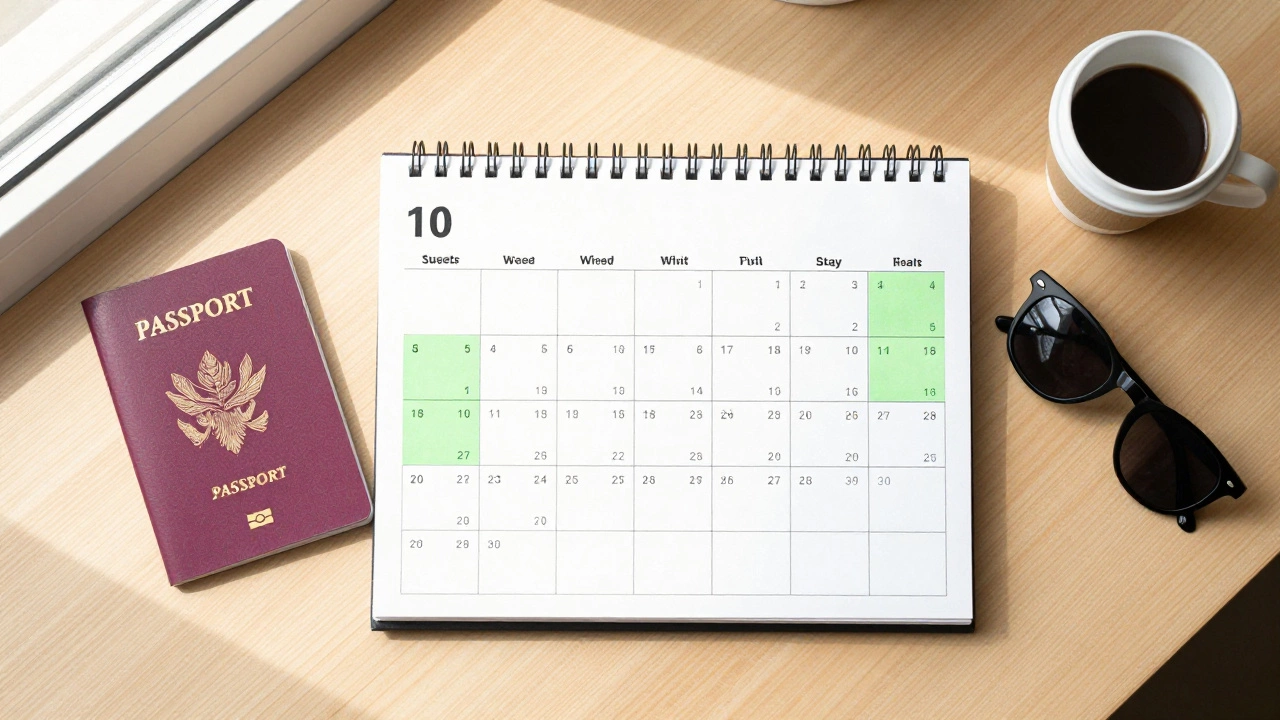 Calendar with marked dates and travel items on a desk