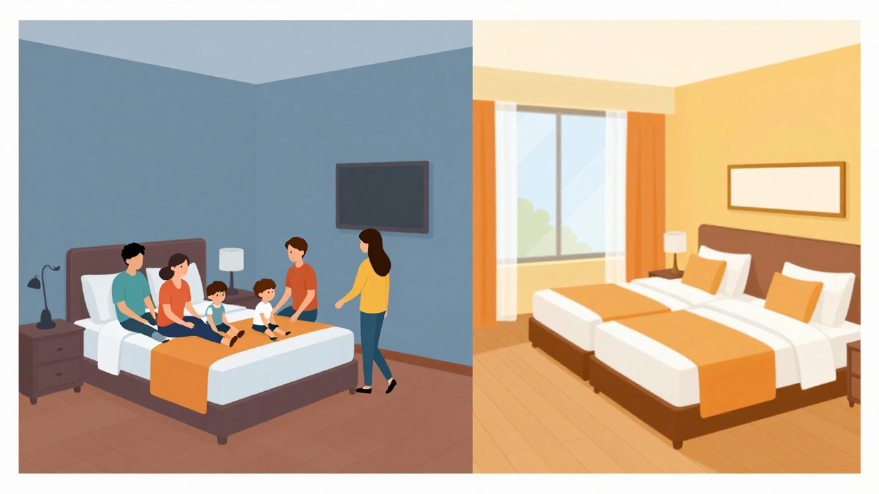 Comparison of cramped city hotel room vs spacious resort suite
