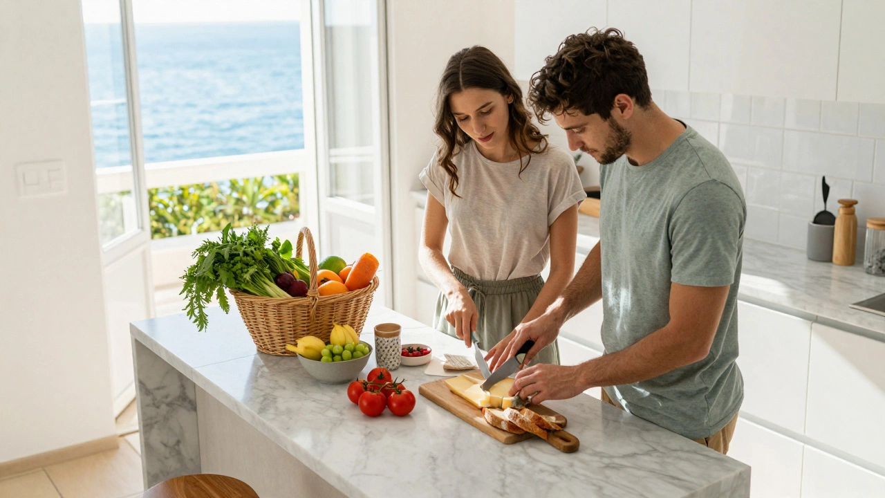 Couple preparing fresh picnic food in a sunny vacation rental kitchen