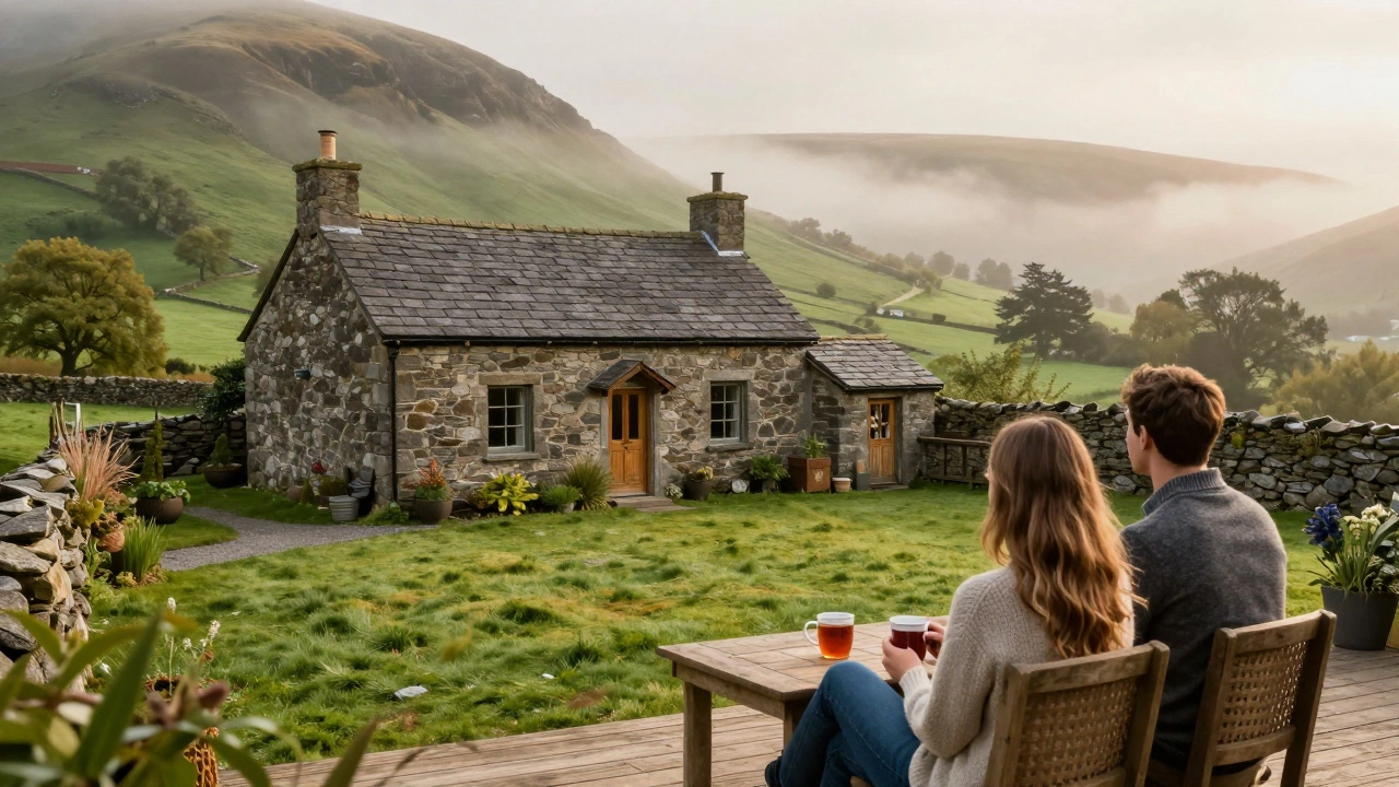 Couple relaxing at a cozy Lake District cottage staycation