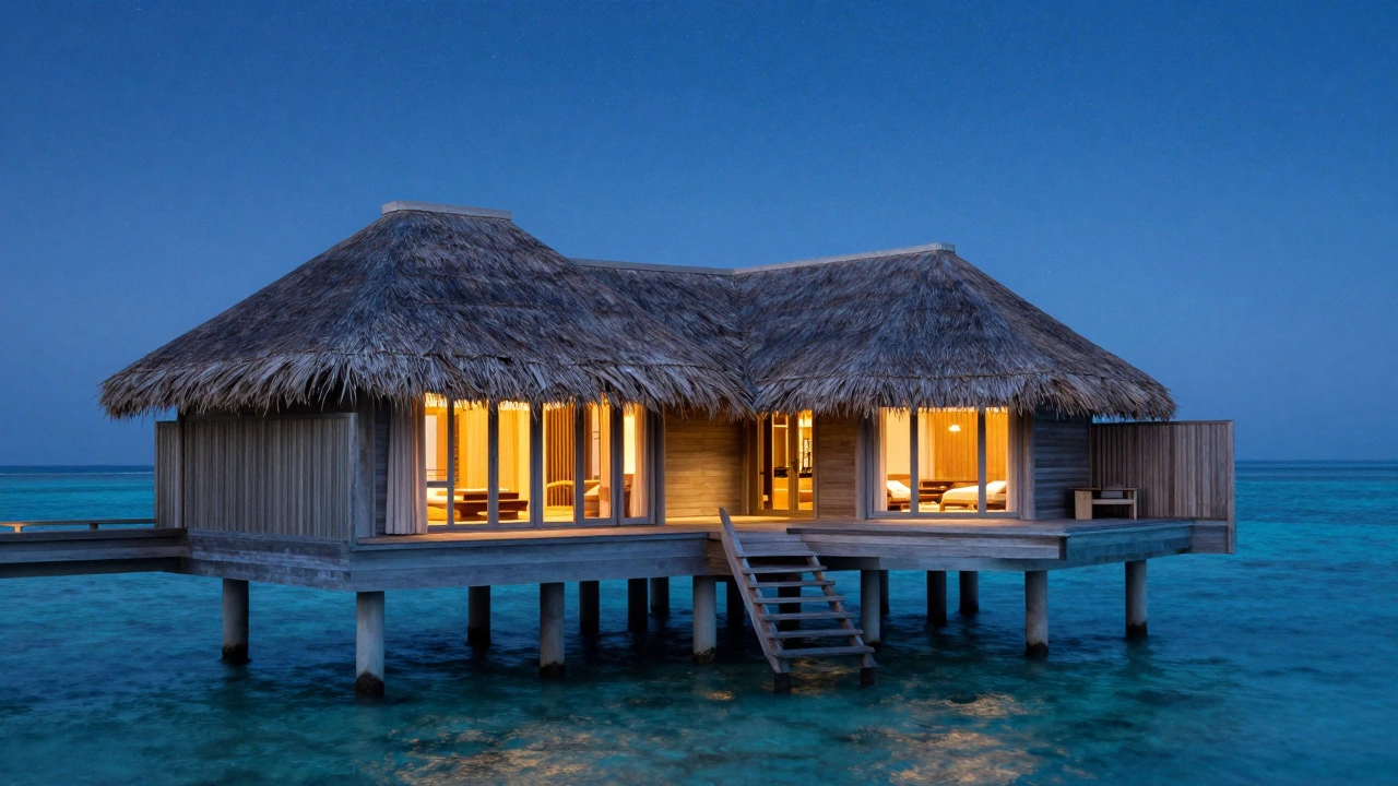 Eco-luxury overwater villa in Maldives at dusk