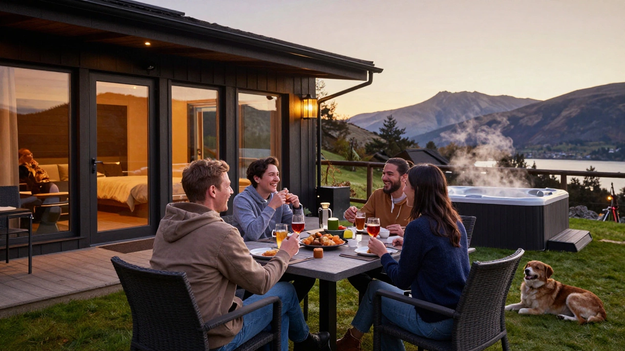 Friends and dog relaxing at luxury lodge patio