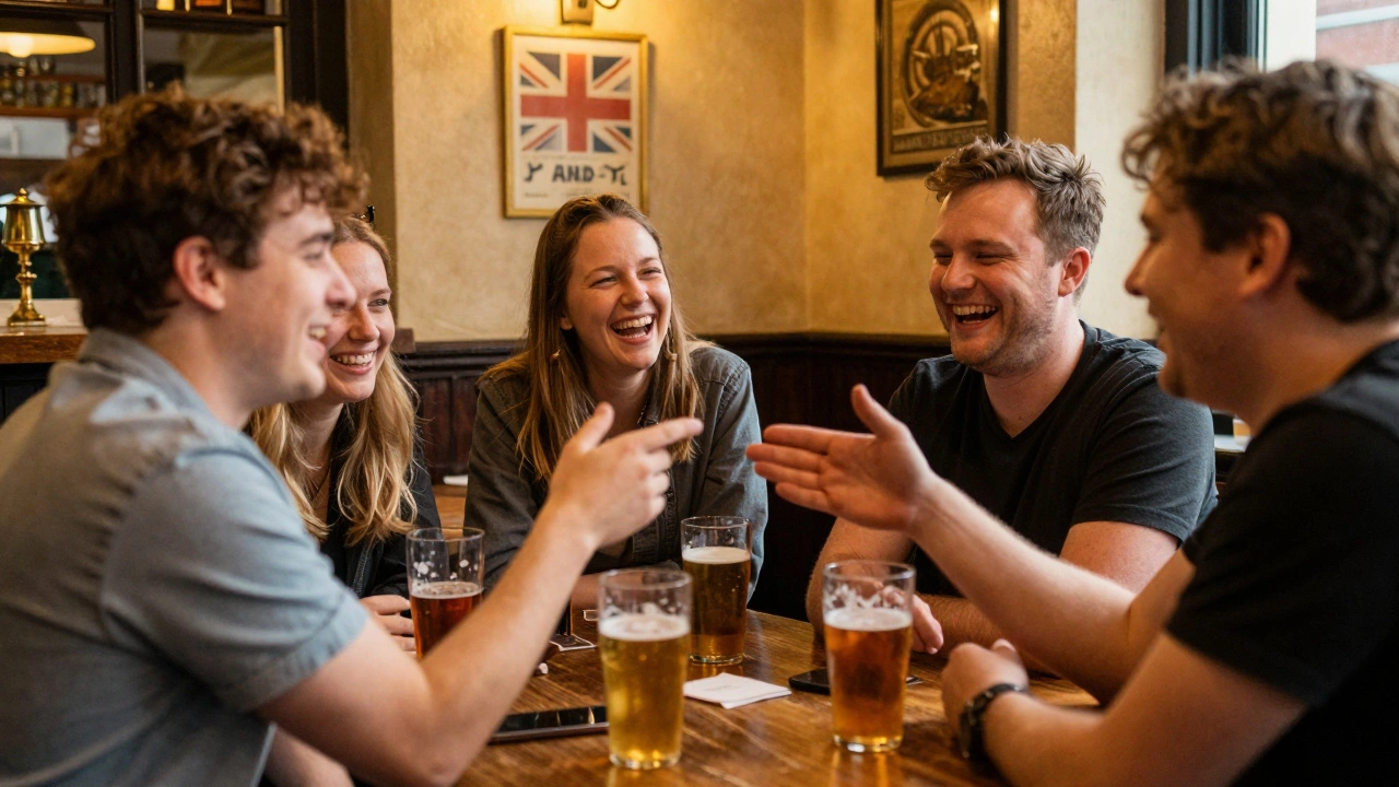 Friends introducing each other at a lively social gathering in a pub