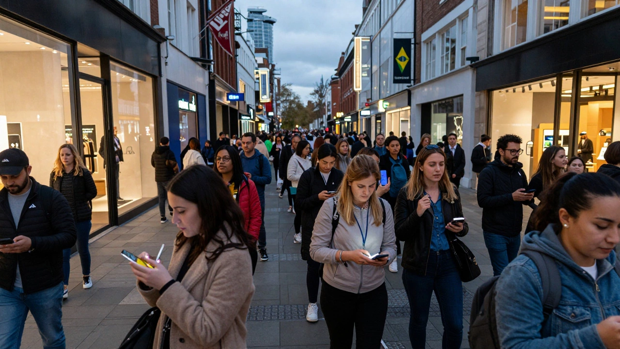 Global shoppers using phones and queuing at stores, highlighting the worldwide reach of Black Friday sales.