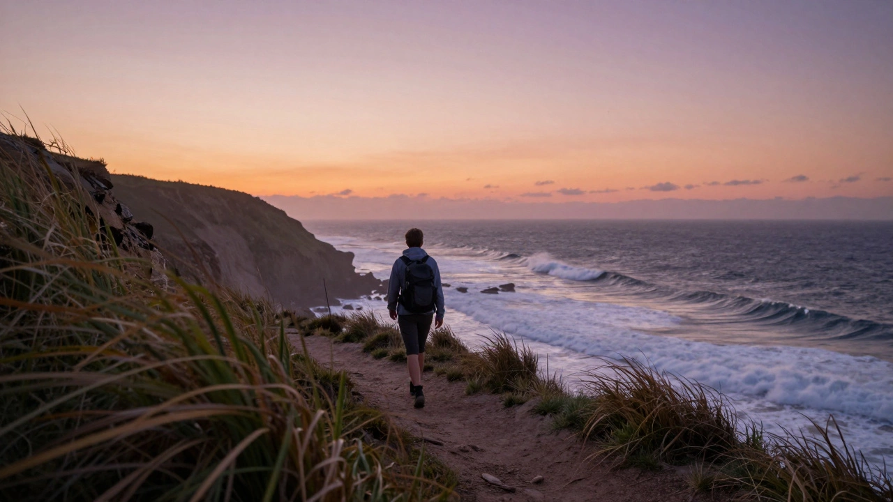 Hiker enjoying scenic views on a coastal cliff path at sunset