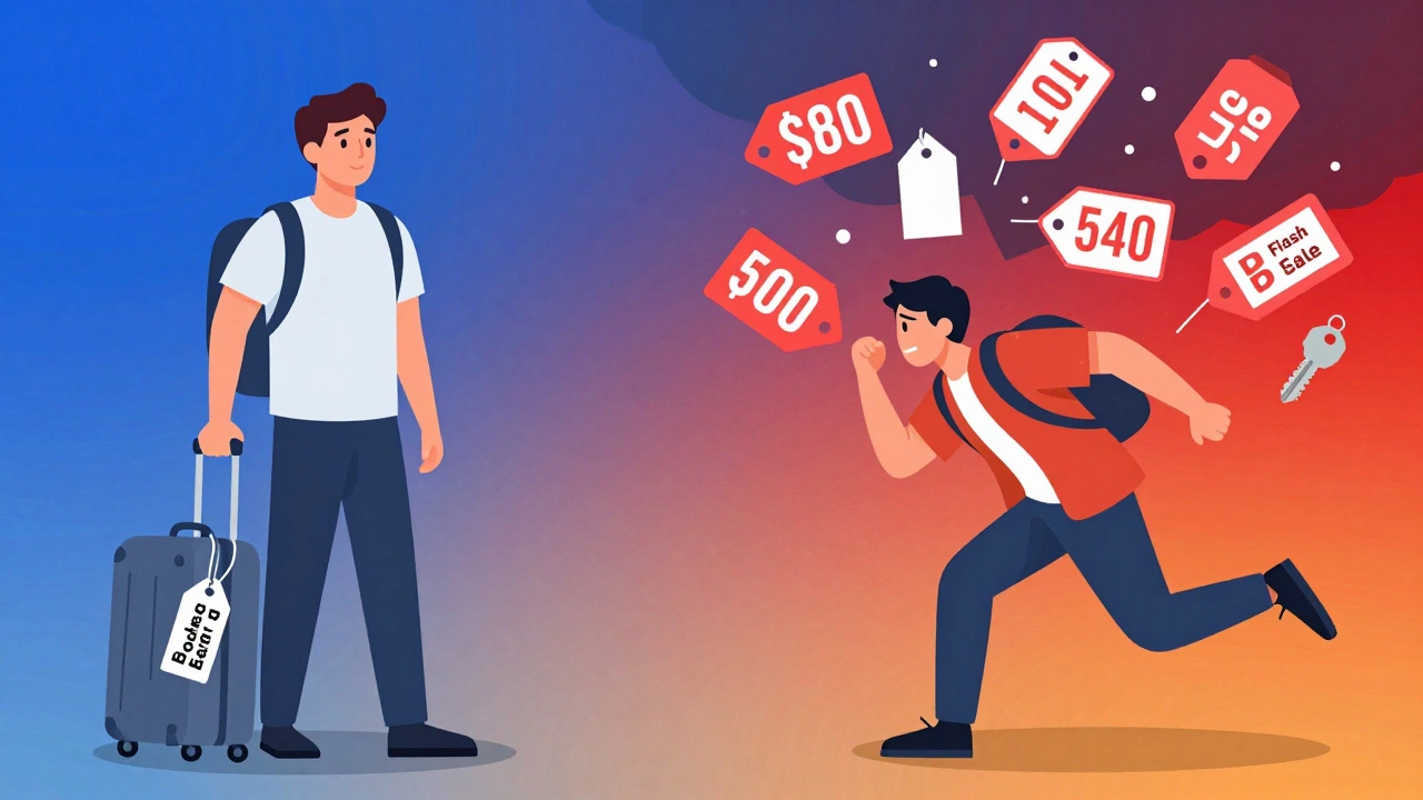 Illustration comparing calm early booking vs stressful last minute