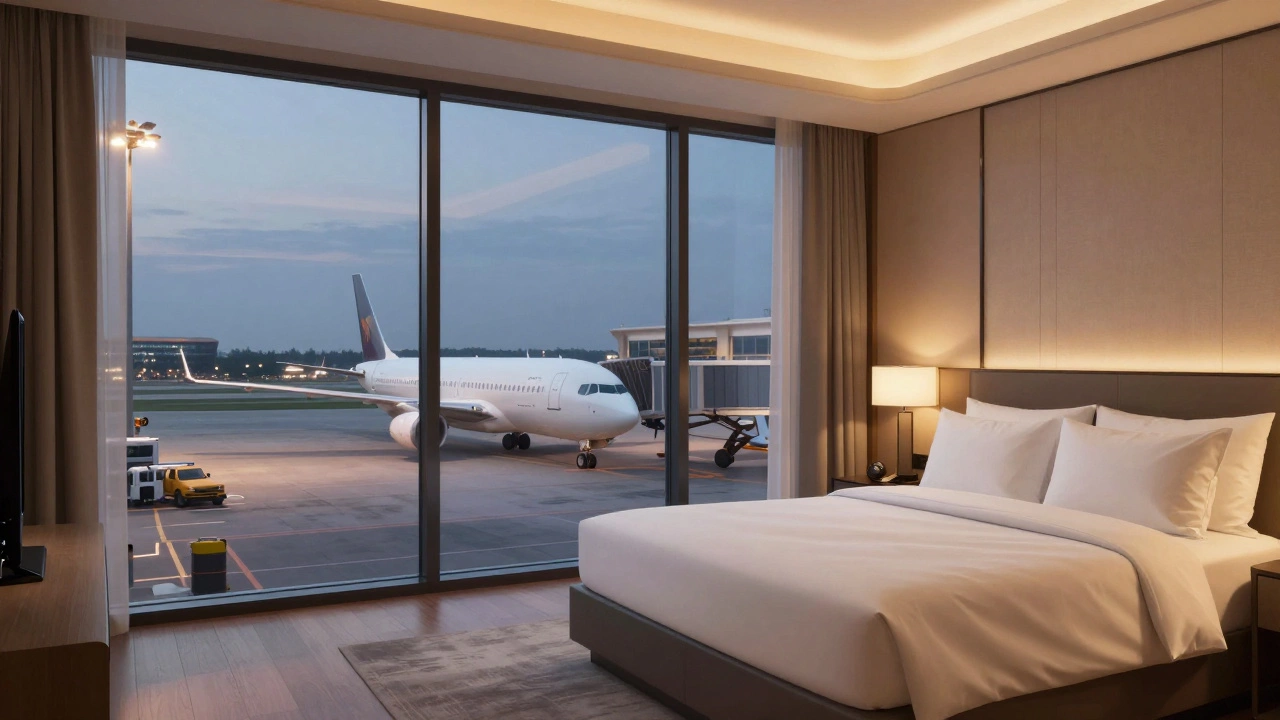 Luxurious airside hotel room with a view of airplanes on the tarmac through large windows.