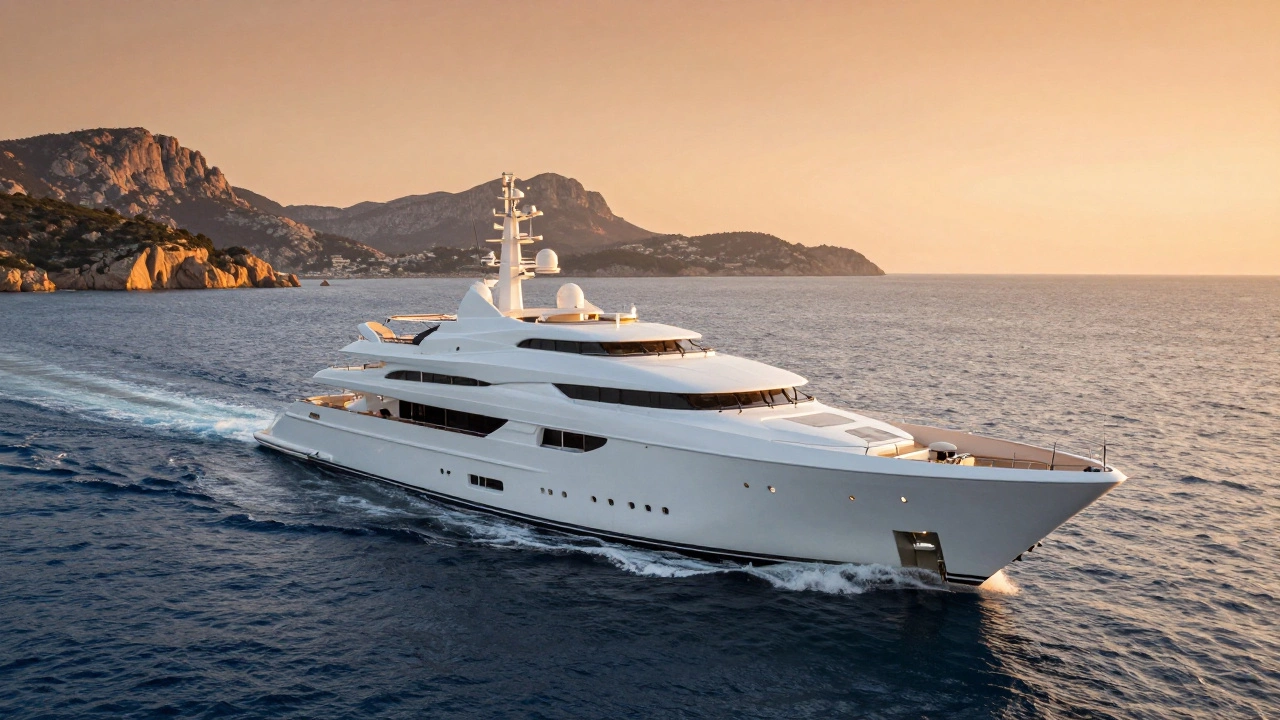 Luxury superyacht sailing in Mediterranean sunset
