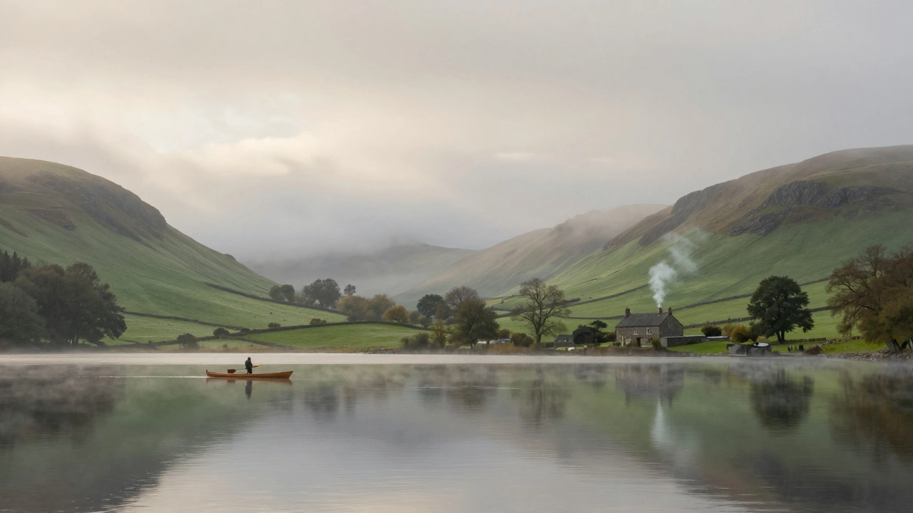 Misty morning view of Lake District hills and calm lake with a kayak