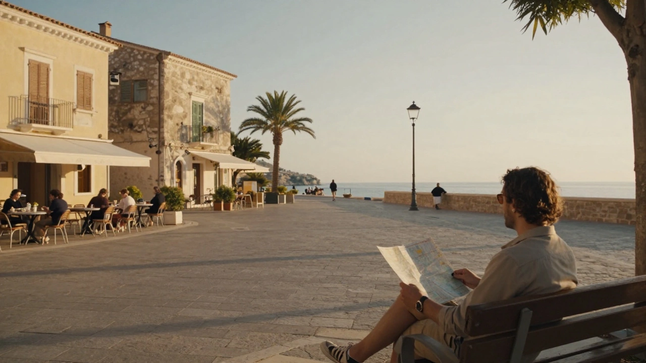 Relaxed traveler sitting alone in quiet European town square