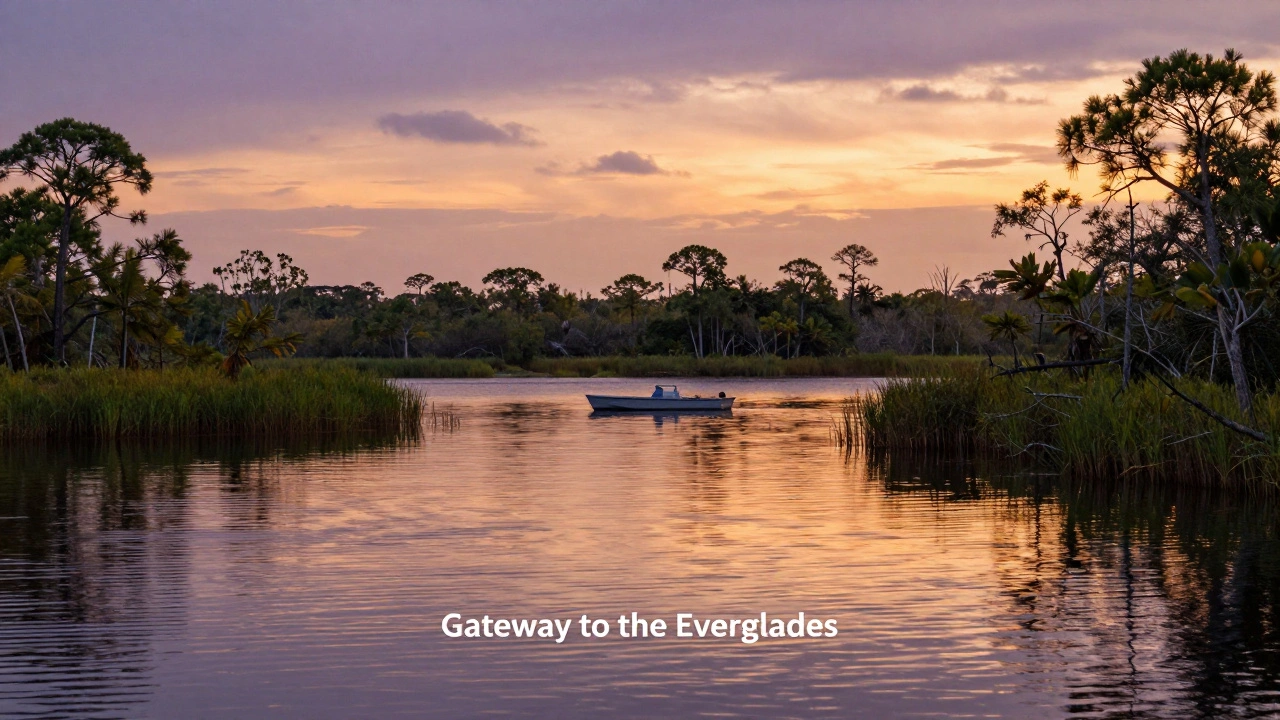 Small boat on calm Lake Okeechobee waters surrounded by lush wetlands at golden hour