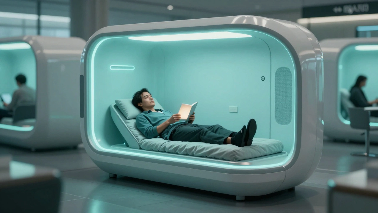 Traveler resting inside a private, futuristic sleep capsule pod in an airport lounge.