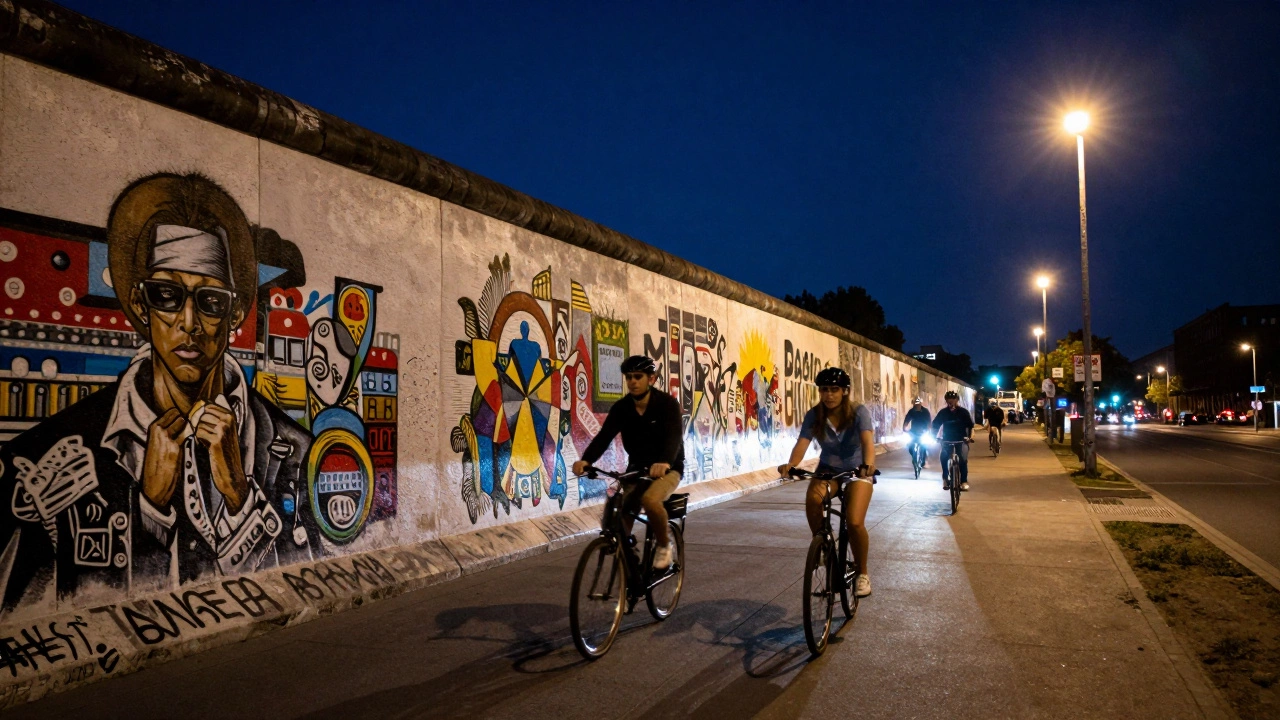 Berlin East Side Gallery murals lit up at night
