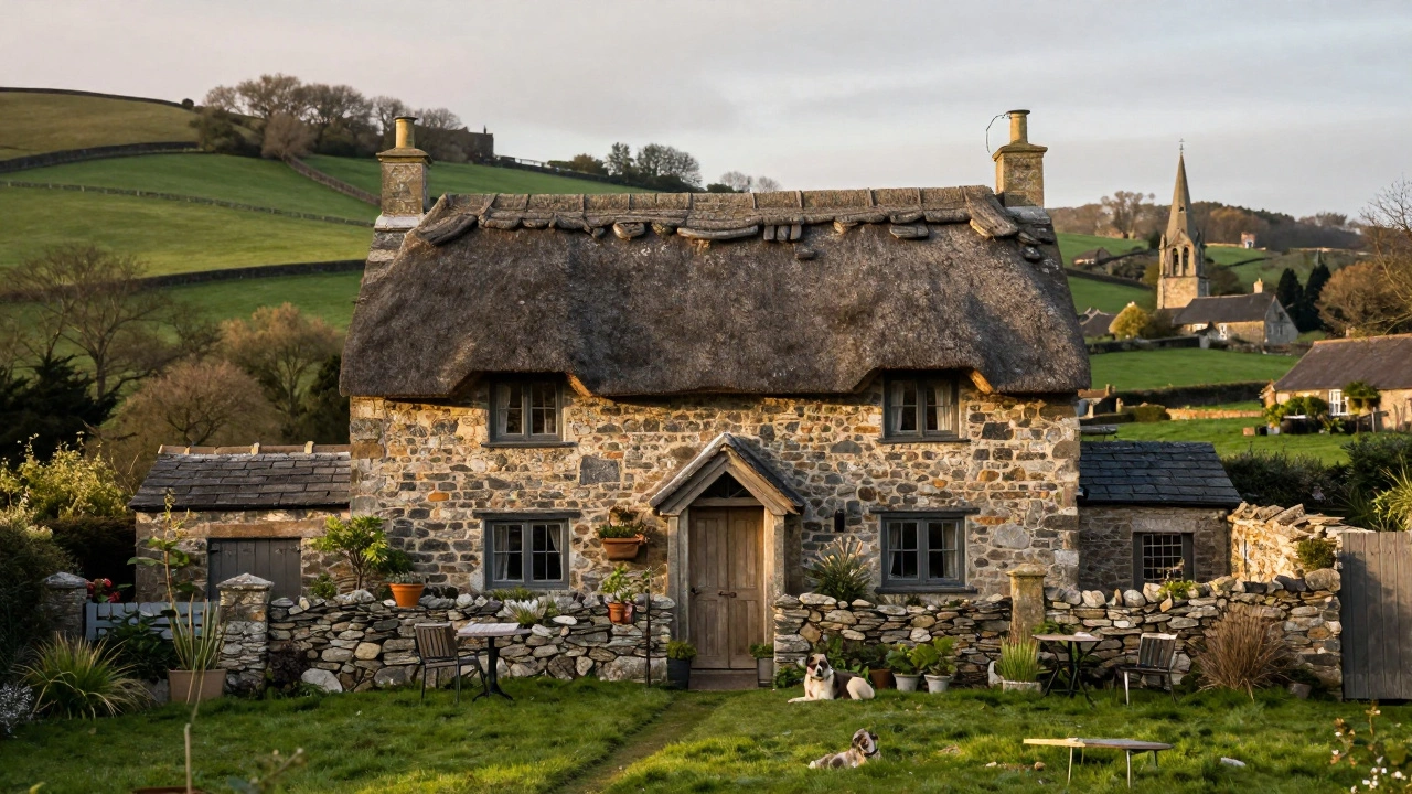 Charming stone holiday cottage in the UK countryside with a dog