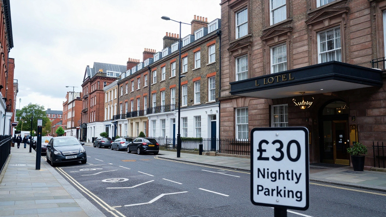 City street showing hotel parking fees vs residential homes
