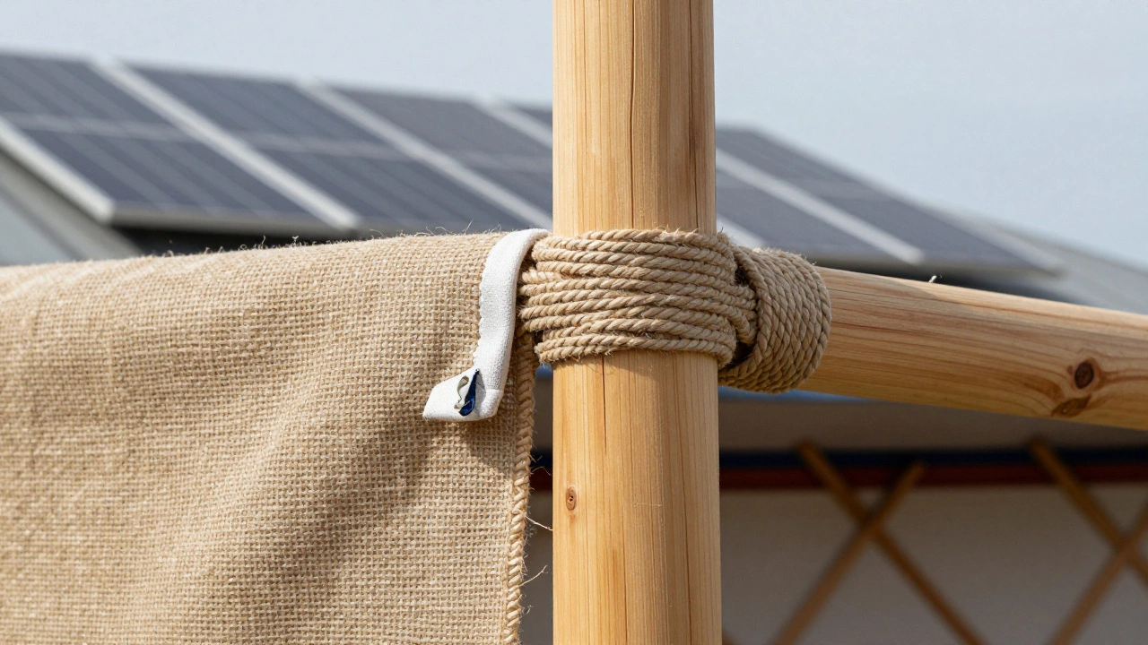 Close-up of sustainable yurt materials like spruce wood and hemp canvas with solar panels in background.