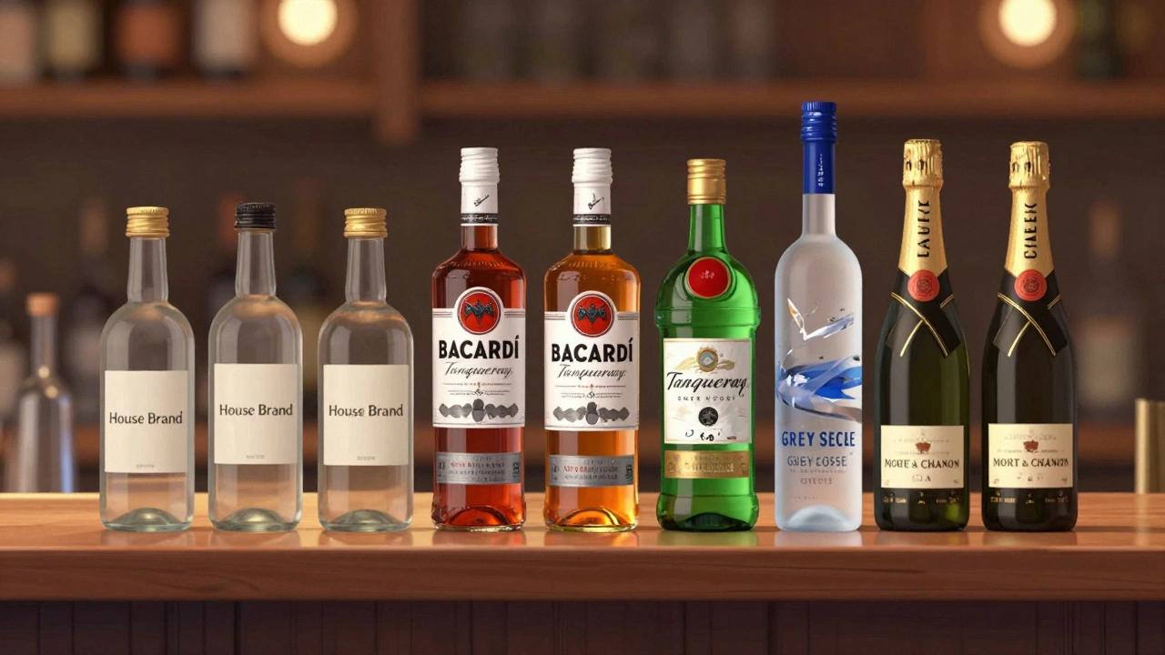 Comparison of house, standard, and luxury alcohol brands on a bar