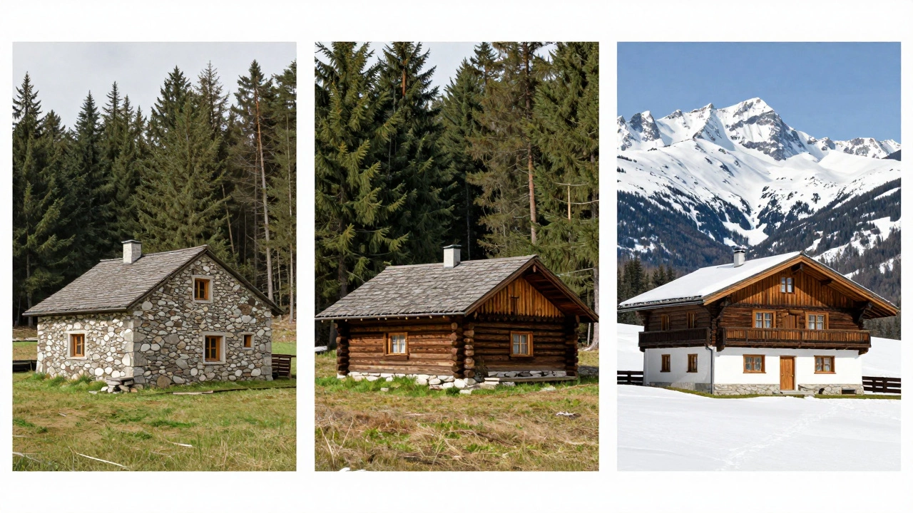 Comparison of stone cottage, log cabin, and alpine chalet styles