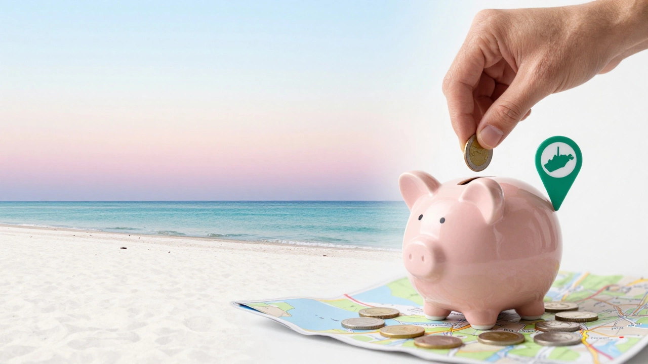 Empty Alabama beach and piggy bank illustrating budget travel tips