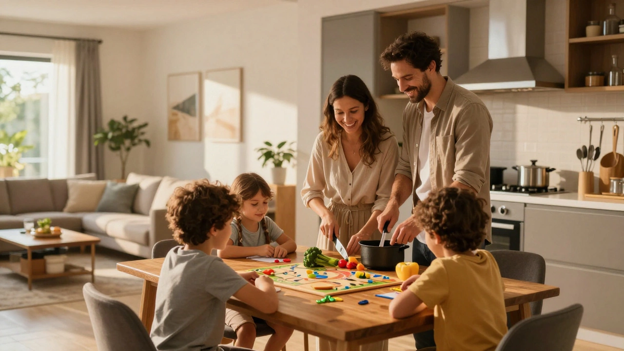 Family cooking and playing games in a self-catered apartment