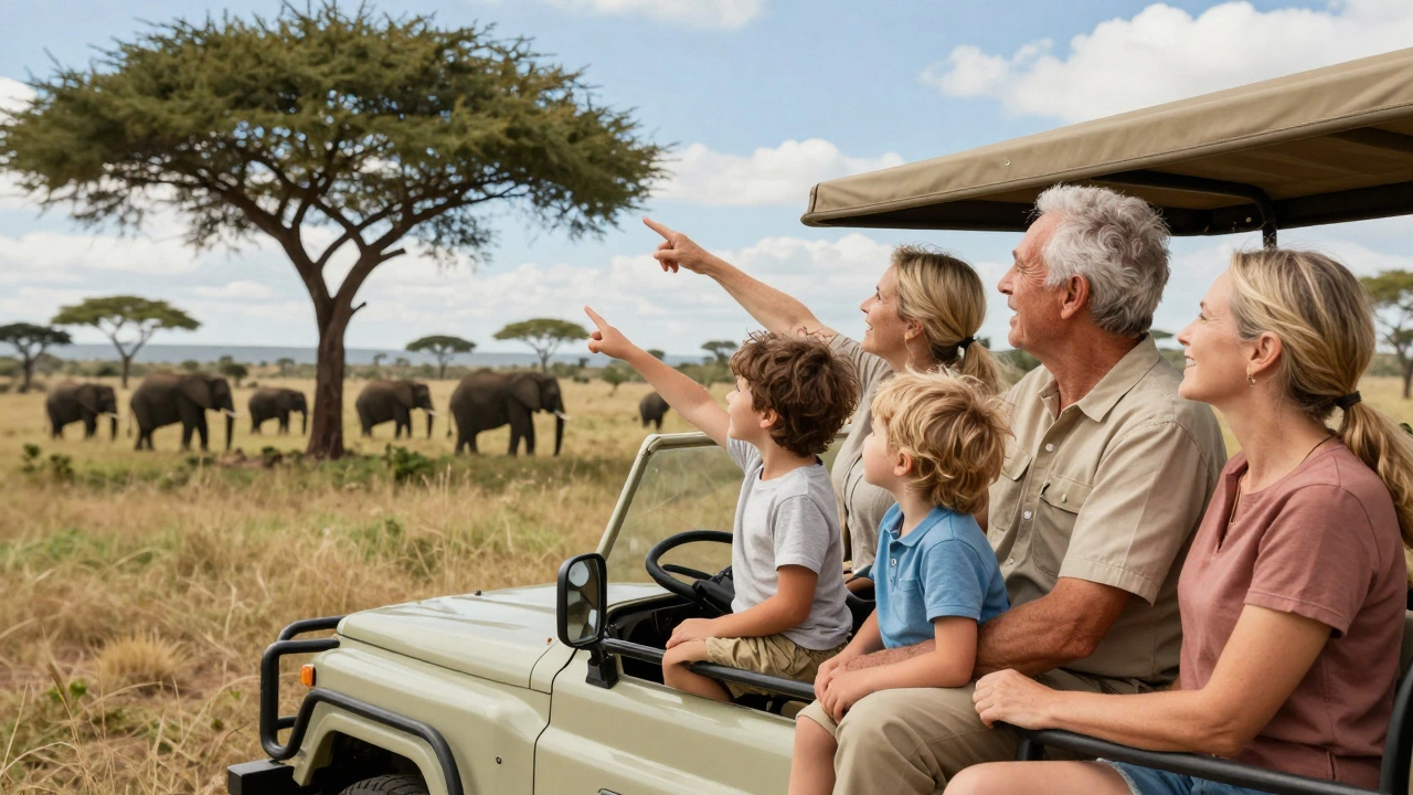 Family on safari jeep watching elephants in savanna
