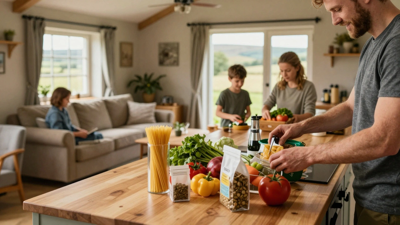 Family unpacking groceries in a sunny cottage kitchen