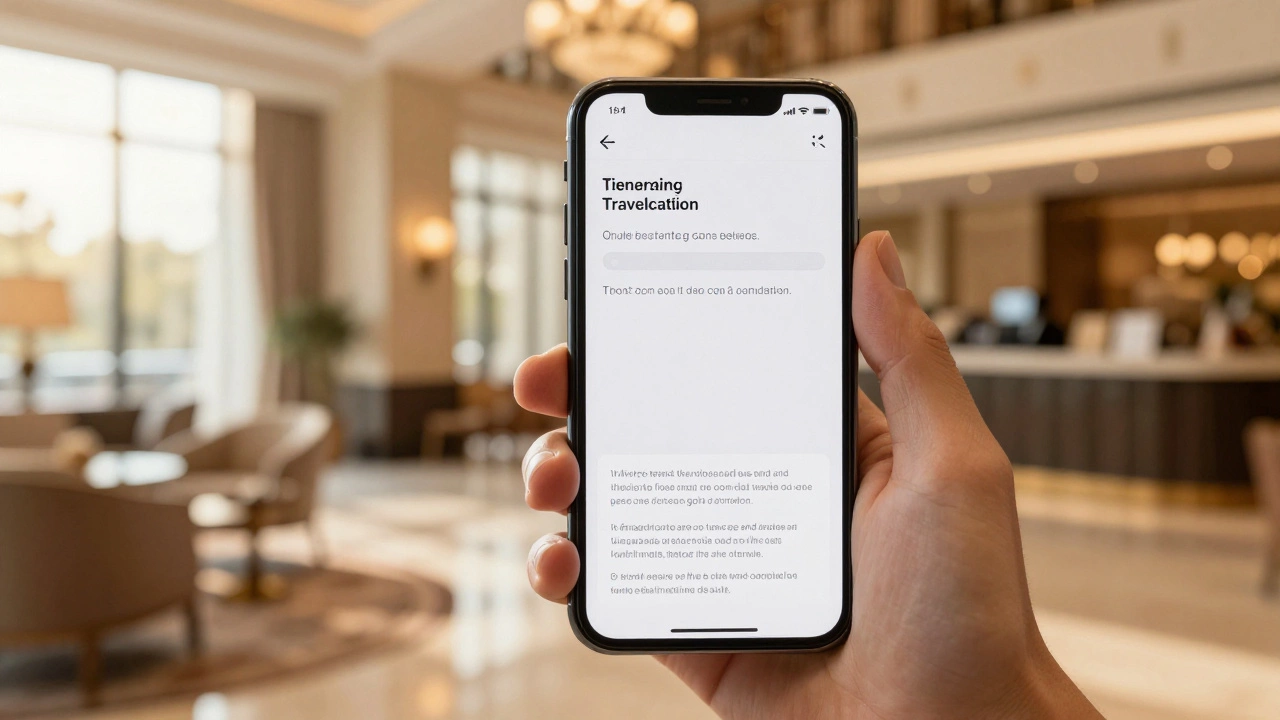 Hand checking fine print on phone screen in a hotel lobby