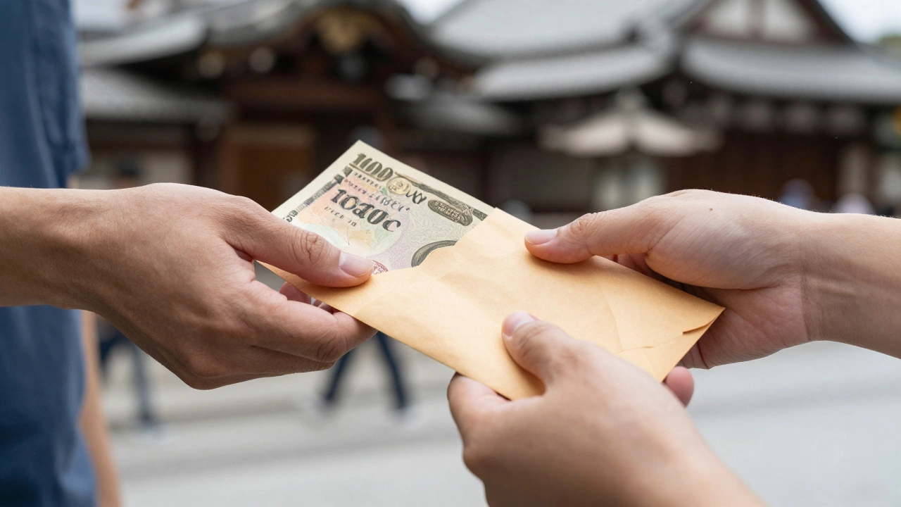 Hands offering a cash tip in an envelope to show cultural respect