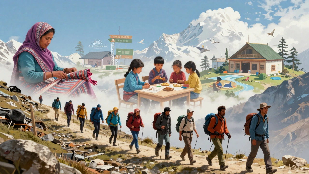 Hikers in Nepal with symbolic overlays of community development projects