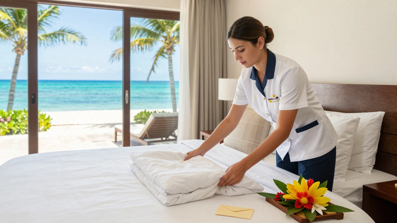 Housekeeper tidying luxury resort room with tip envelope on nightstand