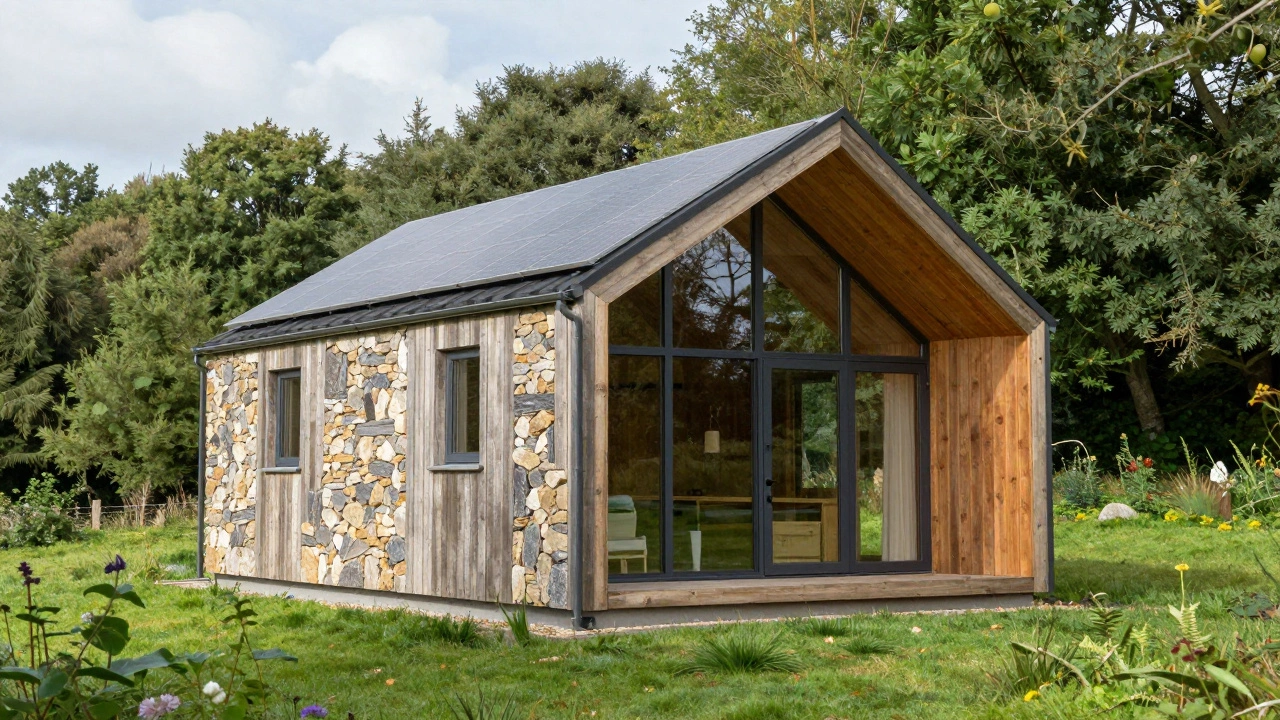 Modern eco-cottage in English countryside with solar panels