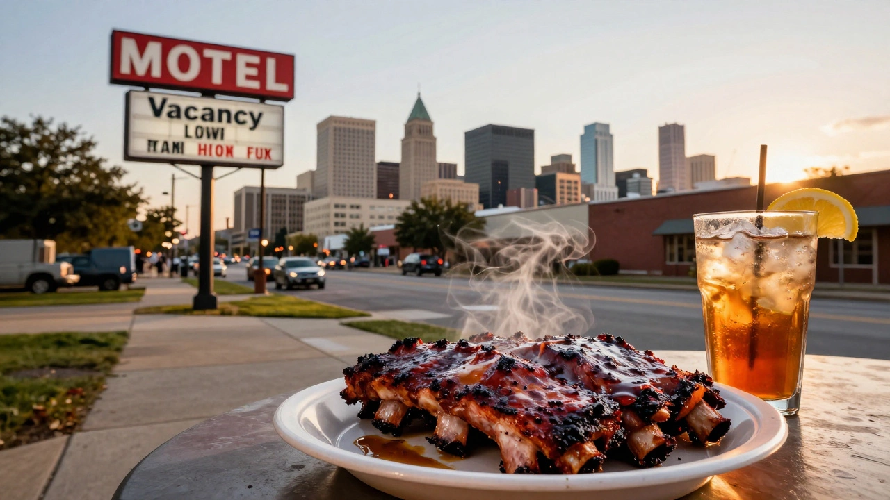 Oklahoma City skyline with barbecue food and affordable motel sign
