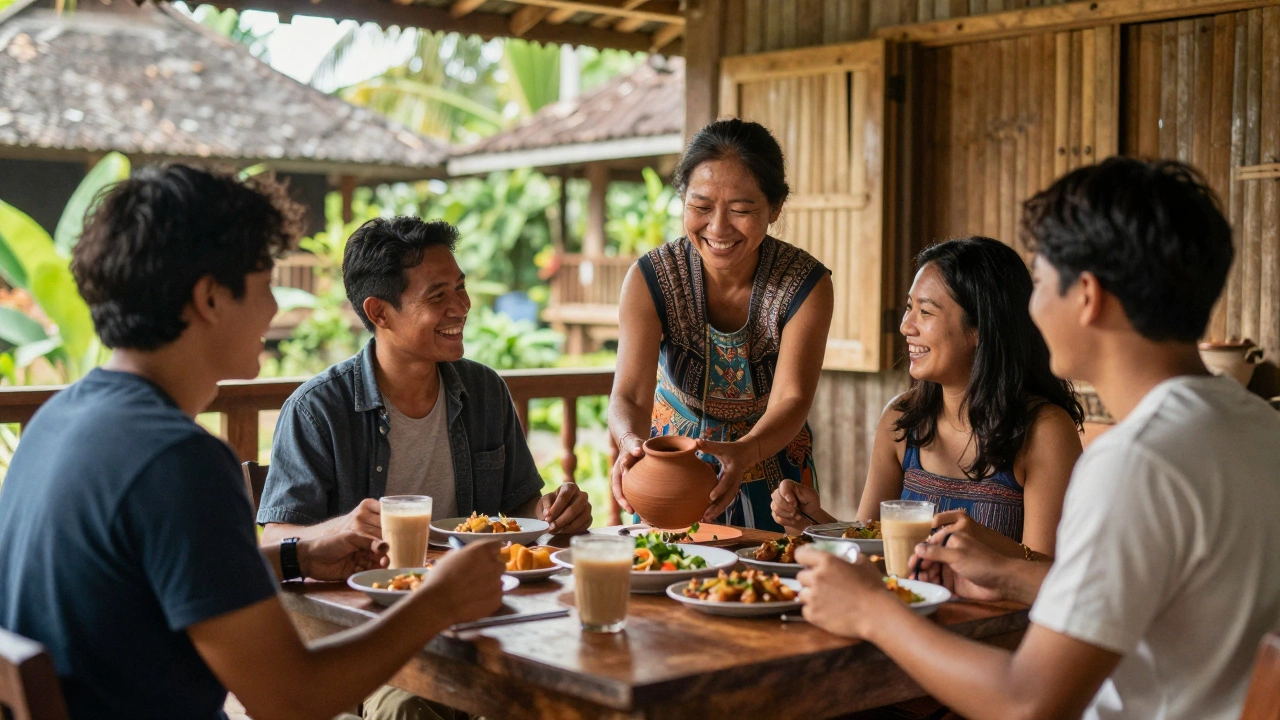 Small group of travelers sharing a meal with a local family in a village home