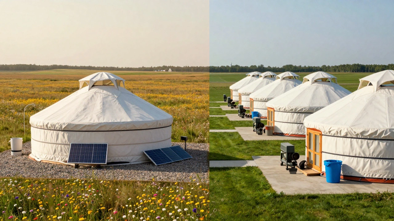 Split image contrasting a truly eco-friendly yurt setup with a commercialized, high-impact glamping site.