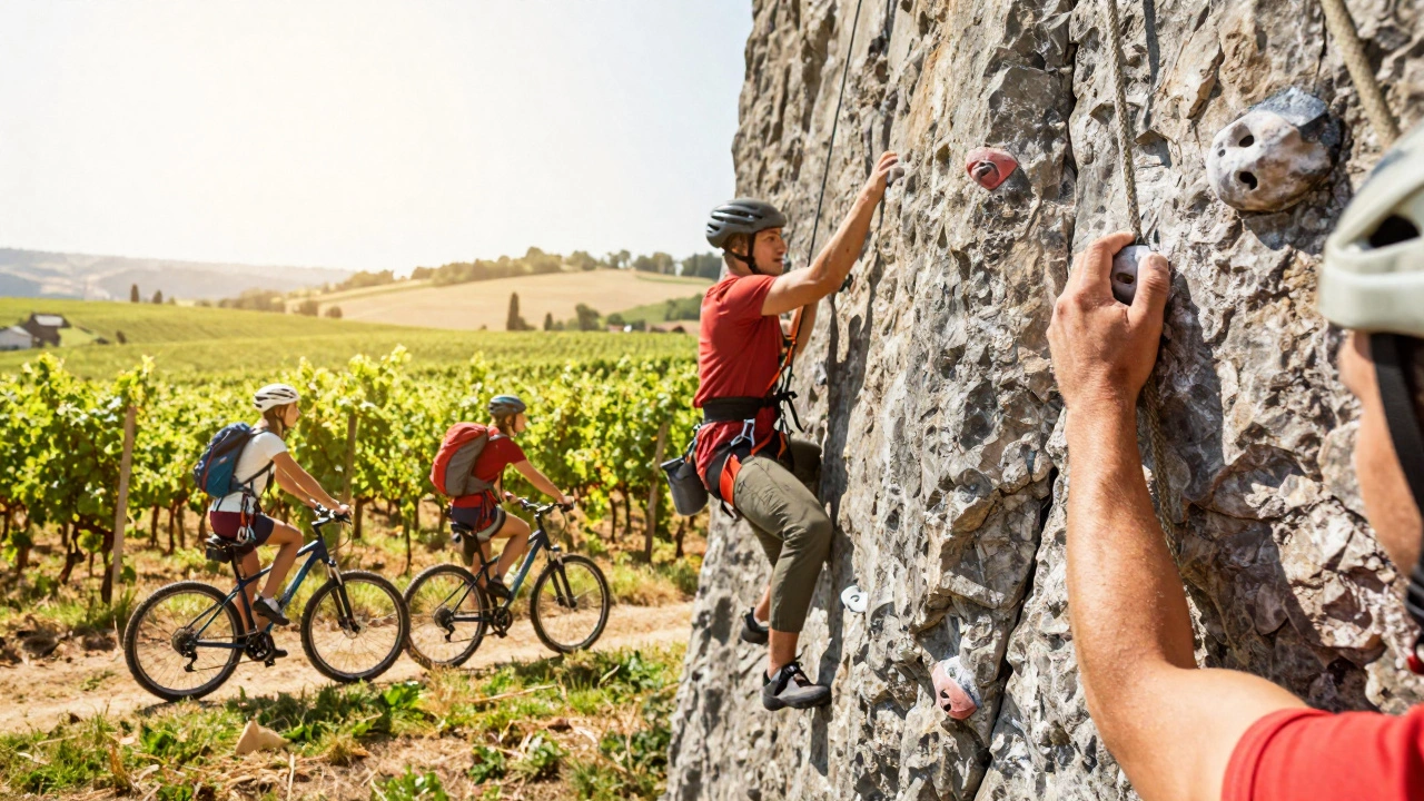 Split view of cycling in vineyards and rock climbing