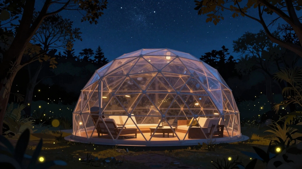 Transparent dome pod under starry night sky