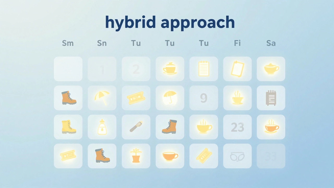 Abstract calendar with activity icons, representing balanced and frequent short breaks.
