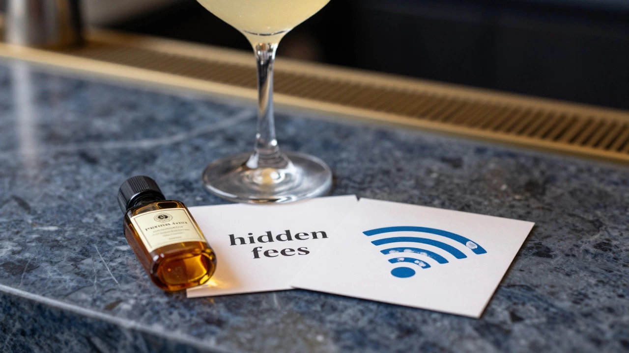 Cocktail and symbolic items representing hidden resort fees on a bar