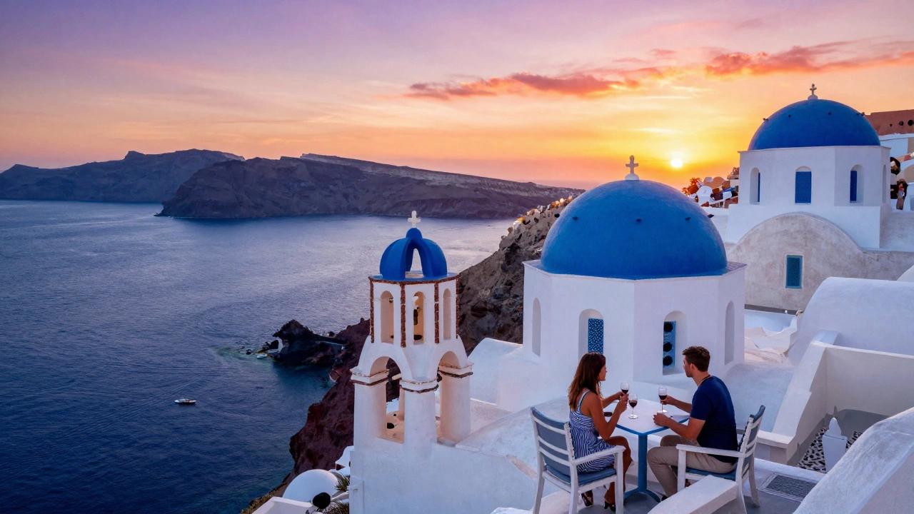 Couple enjoying sunset views over the caldera in Oia, Santorini