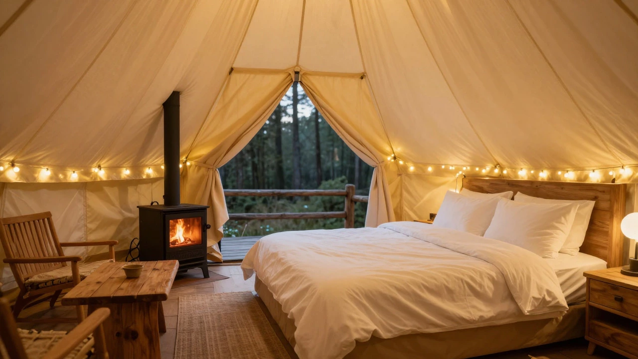 Cozy interior of a luxury glamping bell tent
