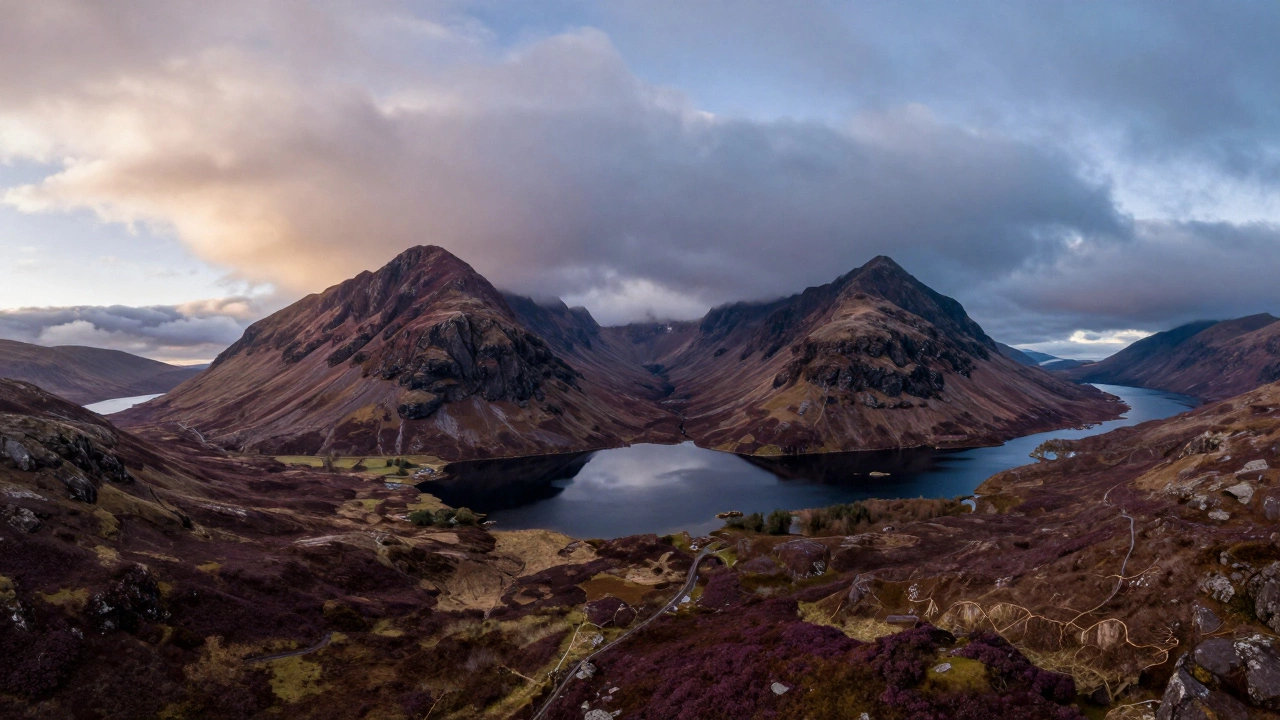 Dramatic red peaks and lochs in the Scottish Highlands under cloudy skies
