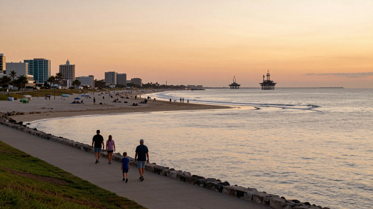 Family walking along Corpus Christi seawall with bay views and oil rigs