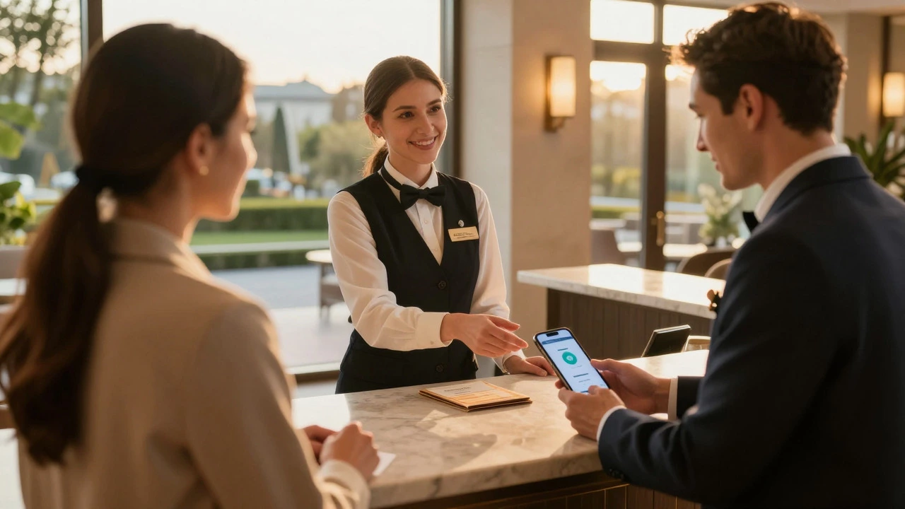 Guest asking concierge about tipping policy at hotel desk