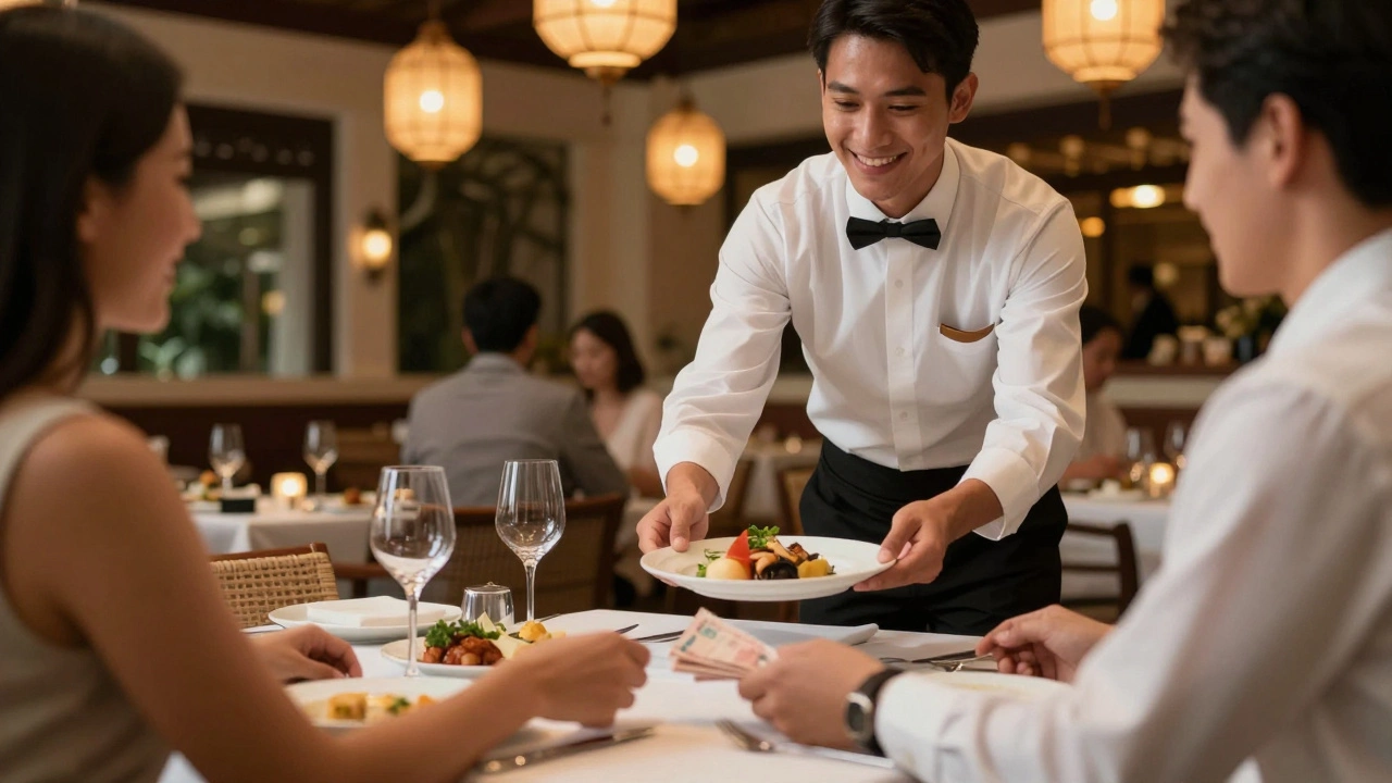 Guest tipping a server at an all-inclusive resort dinner