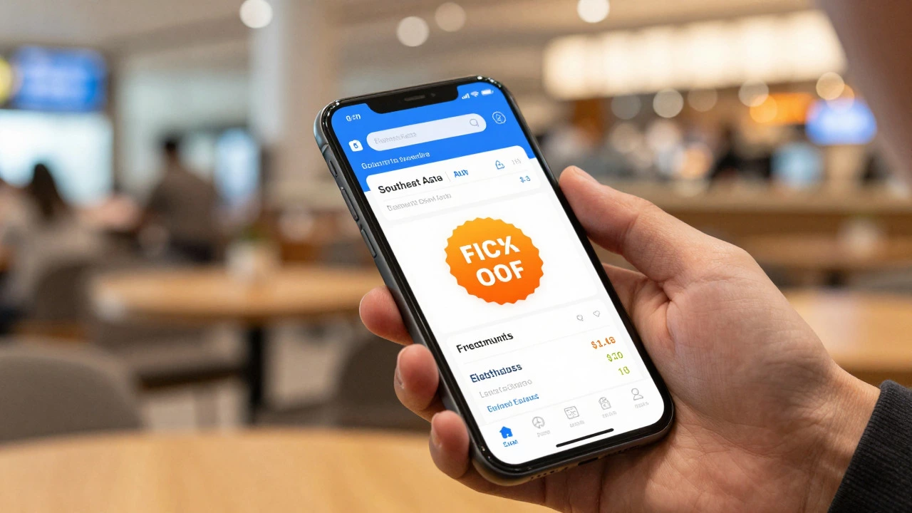 Hand holding phone showing discounted flight booking deal