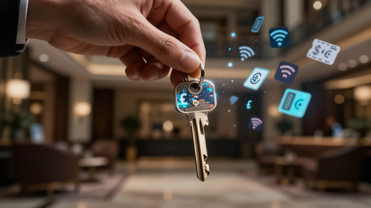 Hand holding pixelated key amidst swirling hidden fee symbols